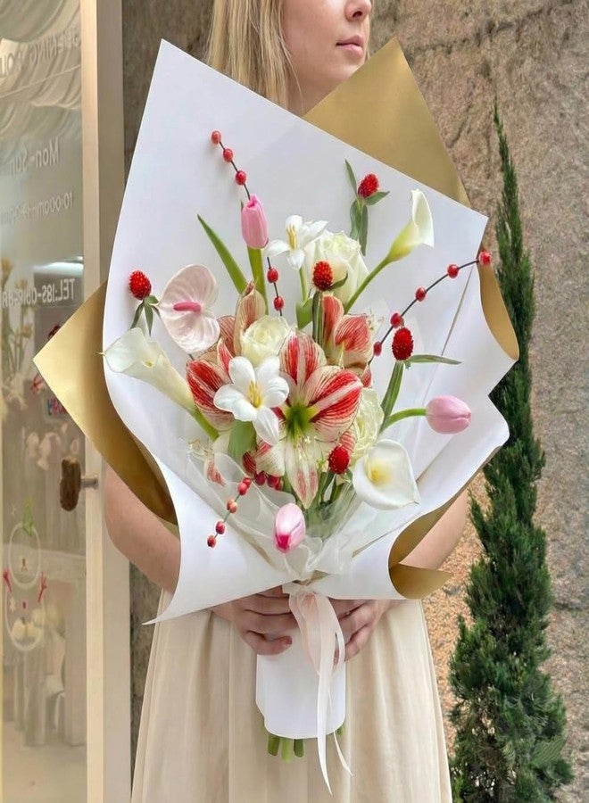 BBJ WRAPS Double Sided Golden Flower Wrapping Paper Waterproof Gift Packaging Florist Bouquet Wraps, 20 Sheets 23.6X23.6 Inch (White) - Image 3